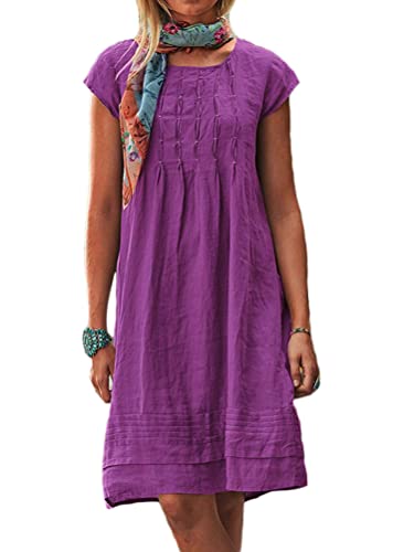 ORANDESIGNE Sommerkleid Damen Leinenkleider Sommer Casual Rundhalsausschnitt Kurzarm Freizeitkleid Strandkleider Boho Langes Kleid mit Taschen B Violett XL von ORANDESIGNE