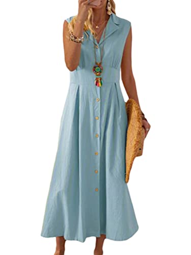 ORANDESIGNE Sommerkleid Damen Leinenkleider Sommer Casual V-Ausschnitt Ärmellose Freizeitkleid Strandkleider Boho Langes Kleid mit Knöpfen C Blau S von ORANDESIGNE