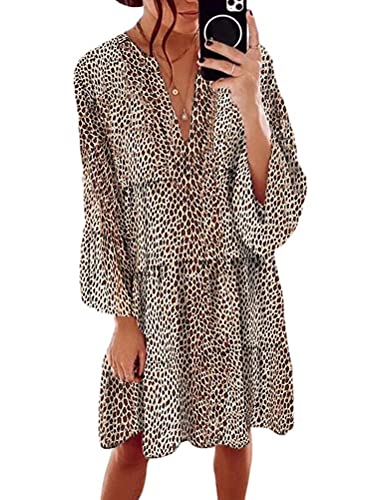 ORANDESIGNE Sommerkleid Damen Leopard Kleider Strand Elegant A-Linie Kleid 3/4-Arm Tunikakleid Boho V-Ausschnitt Tunika Mini Kleider B Braun M von ORANDESIGNE