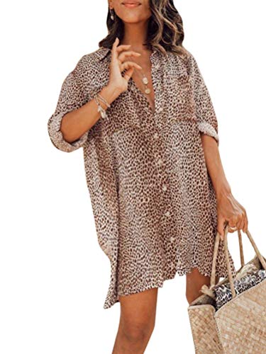 ORANDESIGNE Sommerkleid Damen Leopard Kleider Strand Elegant Casual A-Linie Kleid 3/4-Arm Tunikakleid Boho V-Ausschnitt Tunika Mini Kleider D Khaki M von ORANDESIGNE