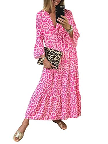 ORANDESIGNE Sommerkleid Damen Leopard Kleider Strand Elegant Casual A-Linie Kleid 3/4-Arm Tunikakleid Boho V-Ausschnitt Tunika Mini Kleider E Rosa XXL von ORANDESIGNE