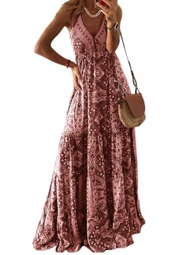 ORANDESIGNE Sommerkleid Damen Maxi Länge Ärmelloses Swing Abendkleid Blumen Vorne Kurzes Kleid Neckholder Spaghettiträger Floralem Strandkleid (C Rosa, S) von ORANDESIGNE