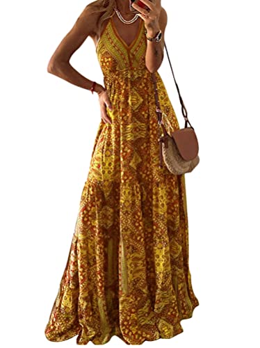 ORANDESIGNE Sommerkleid Damen Maxi Länge Ärmelloses Swing Abendkleid Blumen Vorne Kurzes Kleid Neckholder Spaghettiträger Floralem Strandkleid C Gelb S von ORANDESIGNE