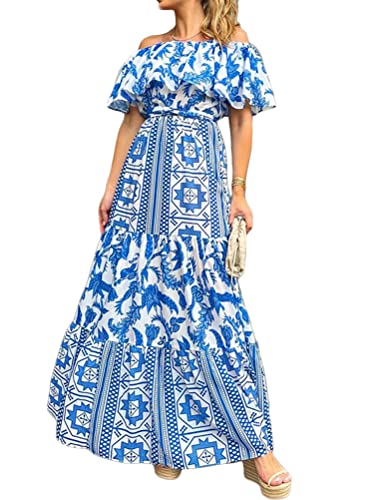 ORANDESIGNE Sommerkleid Damen Maxi Länge Ärmelloses Swing Abendkleid Blumen Vorne Kurzes Kleid Neckholder Spaghettiträger Floralem Strandkleid D Blau S von ORANDESIGNE