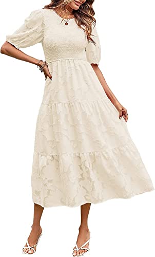 ORANDESIGNE Sommerkleid Damen Rundhals Kurzarm Puffärmel Gerüschter Gerafftes Freizeitkleid Strandkleid Cocktailkleider Maxikleid Blumenkleid Boho Lange Kleid Elegant Swing Kleid A Aprikose L von ORANDESIGNE