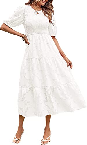 ORANDESIGNE Sommerkleid Damen Rundhals Kurzarm Puffärmel Gerüschter Gerafftes Freizeitkleid Strandkleid Cocktailkleider Maxikleid Blumenkleid Boho Lange Kleid Elegant Swing Kleid A Weiß M von ORANDESIGNE