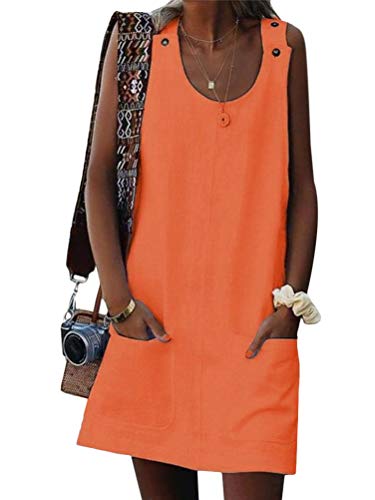 ORANDESIGNE Sommerkleid Damen Sexy Ärmellos Rundhals Knielang Party Kleid Strandkleid Casual A-Linie Kleid Leinenkleider Lose Button Tank Kleider mit Taschen C Orange DE 38 von ORANDESIGNE