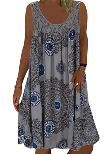 ORANDESIGNE Sommerkleid Damen V-Ausschnitt Strandkleider Einfarbig A-Linie Kleid Boho Knielang Kleid Ärmellos Streifen Kleid Ohne Zubehör G Grau 44 von ORANDESIGNE