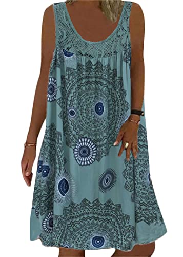ORANDESIGNE Sommerkleid Damen V-Ausschnitt Strandkleider Einfarbig A-Linie Kleid Boho Knielang Kleid Ärmellos Streifen Kleid Ohne Zubehör G Grün 46 von ORANDESIGNE