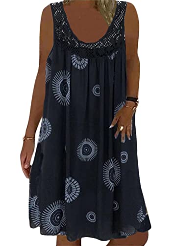 ORANDESIGNE Sommerkleid Damen V-Ausschnitt Strandkleider Einfarbig A-Linie Kleid Boho Knielang Kleid Ärmellos Streifen Kleid Ohne Zubehör G Schwarz 42 von ORANDESIGNE