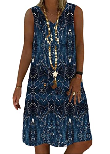 ORANDESIGNE Sommerkleid Damen V-Ausschnitt Strandkleider Einfarbig A-Linie Kleid Boho Knielang Kleid Ärmellos Streifen Kleid Ohne Zubehör H Blau 46 von ORANDESIGNE