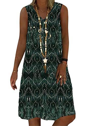 ORANDESIGNE Sommerkleid Damen V-Ausschnitt Strandkleider Einfarbig A-Linie Kleid Boho Knielang Kleid Ärmellos Streifen Kleid Ohne Zubehör H Grün 48 von ORANDESIGNE