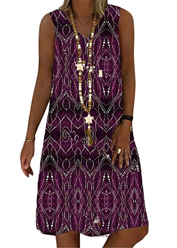 ORANDESIGNE Sommerkleid Damen V-Ausschnitt Strandkleider Einfarbig A-Linie Kleid Boho Knielang Kleid Ärmellos Streifen Kleid Ohne Zubehör H Violett 48 von ORANDESIGNE