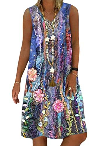 ORANDESIGNE Sommerkleid Damen V-Ausschnitt Strandkleider Einfarbig A-Linie Kleid Boho Knielang Kleid Ärmellos Streifen Kleid Ohne Zubehör K Violett 42 von ORANDESIGNE