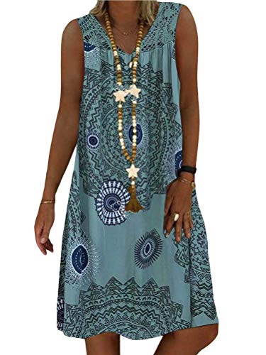 ORANDESIGNE Sommerkleid Damen V-Ausschnitt Strandkleider Einfarbig A-Linie Kleid Boho Knielang Kleid Ärmellos Streifen Kleid Ohne Zubehör Y1 Grün 40 von ORANDESIGNE