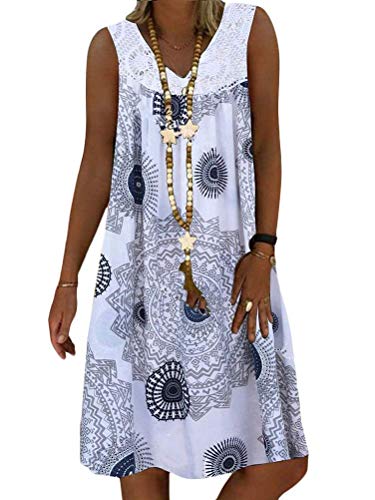 ORANDESIGNE Sommerkleid Damen V-Ausschnitt Strandkleider Einfarbig A-Linie Kleid Boho Knielang Kleid Ärmellos Streifen Kleid Ohne Zubehör Y1 Weiß 38 von ORANDESIGNE