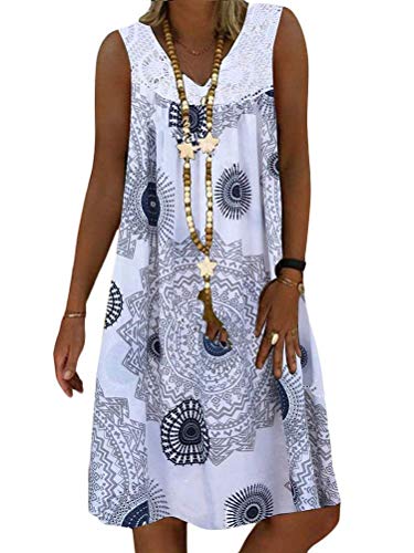 ORANDESIGNE Sommerkleid Damen V-Ausschnitt Strandkleider Einfarbig A-Linie Kleid Boho Knielang Kleid Ärmellos Streifen Kleid Ohne Zubehör Y1 Weiß 42 von ORANDESIGNE