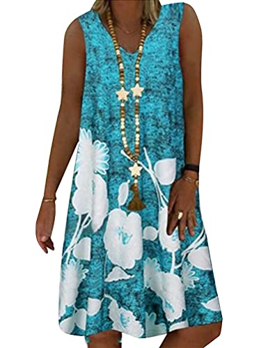 ORANDESIGNE Sommerkleid Damen V-Ausschnitt Strandkleider Einfarbig A-Linie Kleid Boho Knielang Kleid Ärmellos Streifen Kleid Ohne Zubehör Z4 Grün 38 von ORANDESIGNE