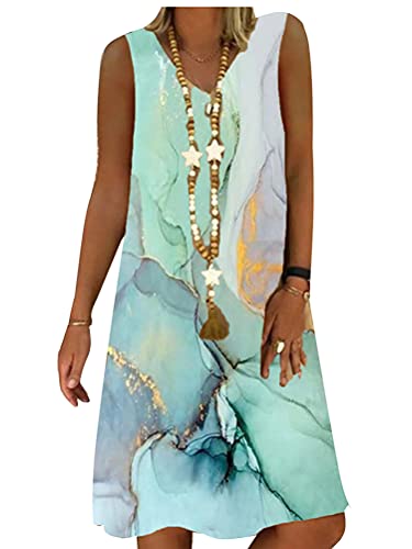 ORANDESIGNE Sommerkleid Damen V-Ausschnitt Strandkleider Einfarbig A-Linie Kleid Boho Knielang Kleid Ärmellos Streifen Kleid Ohne Zubehör Z5 Grün 38 von ORANDESIGNE