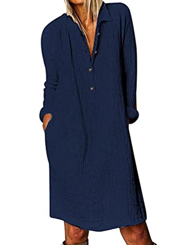 ORANDESIGNE Sommerkleid Leinen Kleider Damen Lang Blusen Casual Baumwoll und Leinen Langarm Kleid Halbarm Kleid mit Taschen Hemdkleid C Blau 36 von ORANDESIGNE