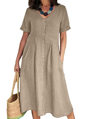 ORANDESIGNE Sommerkleid Leinen Kleider Damen V-Ausschnitt Strandkleider Einfarbig A-Linie Kleid Boho Knielang Kleid Kurzarmkleid Midi Dress D Khaki M von ORANDESIGNE