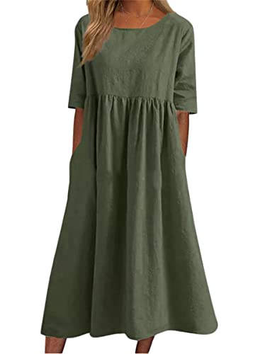ORANDESIGNE Sommerkleid Leinen Kleider Damen V-Ausschnitt Strandkleider Einfarbig A-Linie Kleid Boho Knielang Kleid Kurzarmkleid Midi Dress E Armeegrün XXL von ORANDESIGNE