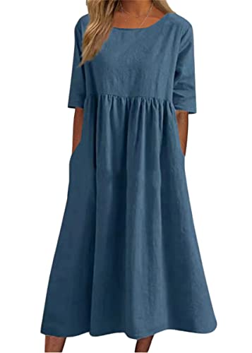 ORANDESIGNE Sommerkleid Leinen Kleider Damen V-Ausschnitt Strandkleider Einfarbig A-Linie Kleid Boho Knielang Kleid Kurzarmkleid Midi Dress E Blau XXL von ORANDESIGNE