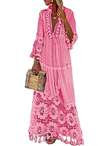 ORANDESIGNE Sommerkleider Damen KnöChellanges Kleid Elegant Maxikleider V-Ausschnitt BöHmen A-Linie Kleid Lange äRmel Tunika Kleid Quaste Casual Blumen Kleider Spitze Bestickte Kleider 02 Rosa M von ORANDESIGNE