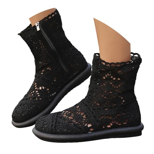 ORANDESIGNE Sommerstiefel Damen Boho Stiefel Lochmuster Flacher Absatz Reißverschluss Spitzen Stiefeletten A Schwarz 38 EU von ORANDESIGNE