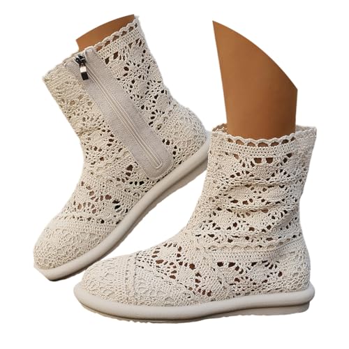 ORANDESIGNE Sommerstiefel Damen Boho Stiefel Lochmuster Flacher Absatz Reißverschluss Spitzen Stiefeletten A Weiß 42 EU von ORANDESIGNE