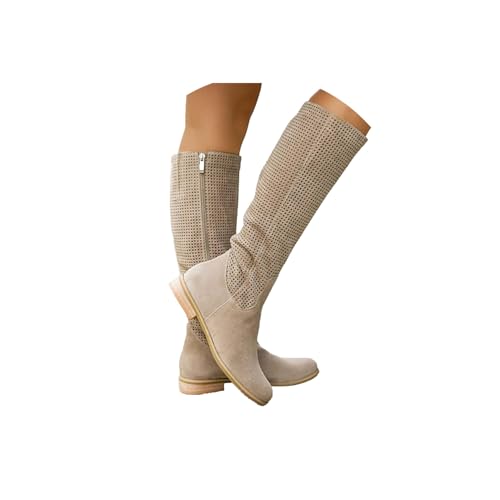ORANDESIGNE Sommerstiefel Damen Westernstiefel Sommer Stiefeletten Lochmuster Aus Wildleder Cowboystiefel Boho Chic Sonmmer Stiefel A Beige 37 EU von ORANDESIGNE
