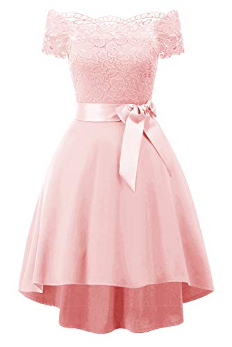 ORANDESIGNE Spitzenkleid Damen Patchwork Elegant Hochzeit Schulterfrei Rockabilly Kleid Festlich Kleid A Linie Spitzen Sommerkleid Abendkleider Brautjungfernkleider Cocktailkleid A Rosa M von ORANDESIGNE