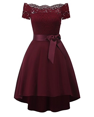 ORANDESIGNE Spitzenkleid Damen Patchwork Elegant Hochzeit Schulterfrei Rockabilly Kleid Festlich Kleid A Linie Spitzen Sommerkleid Abendkleider Brautjungfernkleider Cocktailkleid A Rotwein S von ORANDESIGNE