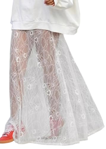 ORANDESIGNE Spitzenrock Damen Transparenter Rock Lang Spitzen Maxirock Festivals Spitzenrock Langer Partyrock Durchsichtige Röcke mit Fishtail I Weiß M von ORANDESIGNE