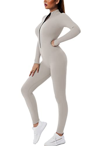 ORANDESIGNE Sport Jumpsuit Damen Lang Eng Yoga Bodysuit Overall mit Reißverschluss Playsuits Langarm Bodycon Strampler Sportanzug Slim Fit Yoga Fitness Jogginganzug Onesie A Grau S von ORANDESIGNE