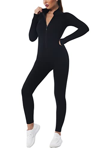 ORANDESIGNE Sport Jumpsuit Damen Lang Eng Yoga Bodysuit Overall mit Reißverschluss Playsuits Langarm Bodycon Strampler Sportanzug Slim Fit Yoga Fitness Jogginganzug Onesie A Schwarz M von ORANDESIGNE