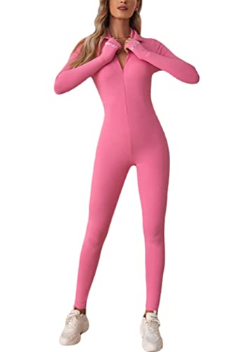 ORANDESIGNE Sport Jumpsuit Damen Lang Eng Yoga Bodysuit Overall mit Reißverschluss Playsuits Langarm Bodycon Strampler Sportanzug Yoga Jogginganzug Slim Fit Kuschelig Onesie B Rosa S von ORANDESIGNE