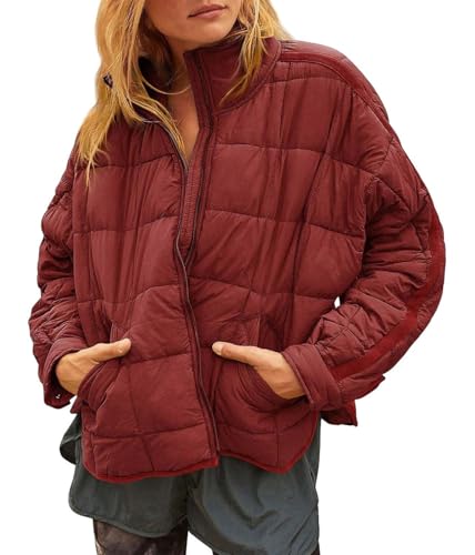 ORANDESIGNE Steppjacke Damen Übergangsjacke Gesteppte Leichte Dünne Daunenjacke Winterjacke Warm Puffer Jacke Outdoor Langarm Baumwolljacke Casual Mantel Freizeit Bomberjacke Rot M von ORANDESIGNE