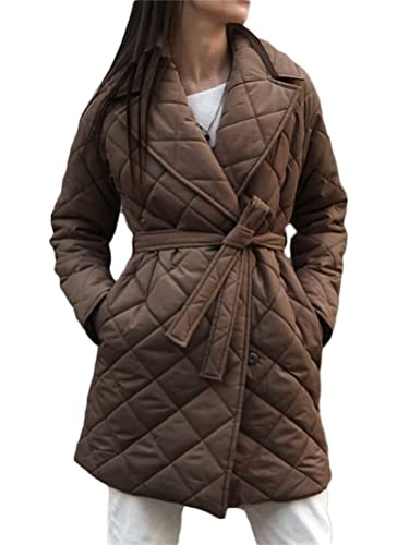 ORANDESIGNE Steppjacke Damen Übergangsjacke Lang Leicht Herbst Revers Mantel mit Gürtel Einfarbig Warme Daunenjacke Winter Parka Taillierte Outdoorjacke A Braun XS von ORANDESIGNE