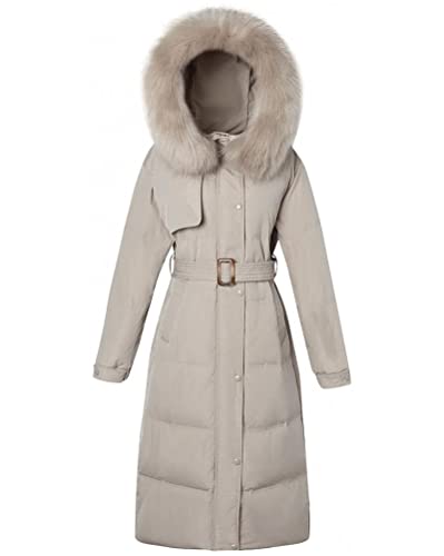 ORANDESIGNE Steppmantel Damen Leicht Übergang Winterjacke Lang Warm Parka Jacke Langarm Gefüttert Gesteppt Daunenjacke mit Fellkapuze und Gürtel Casual Maxi Mantel A Aprikose M von ORANDESIGNE