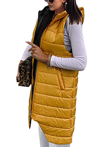 ORANDESIGNE Steppweste Damen Daunenweste Mittellange Weste Gilets Schlank Reißverschluss Stehkragen Einfarbig Kordelzug Taschen Freizeit Mantel Jacke Herbst Winter F Gelb L von ORANDESIGNE