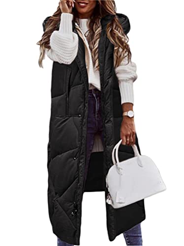 ORANDESIGNE Steppweste Damen Daunenweste Lang Wintermantel Vest mit Kapuze Weste Mantel Ärmellose Warmer Daunenmantel mit Taschen Steppjacke Outdoor Lange Outwear Winterjacke B Schwarz S von ORANDESIGNE