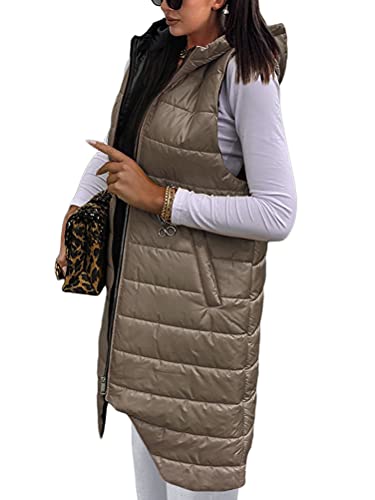 ORANDESIGNE Steppweste Damen Daunenweste Mittellange Weste Gilets Schlank Reißverschluss Stehkragen Einfarbig Kordelzug Taschen Freizeit Mantel Jacke Herbst Winter F Armeegrün L von ORANDESIGNE