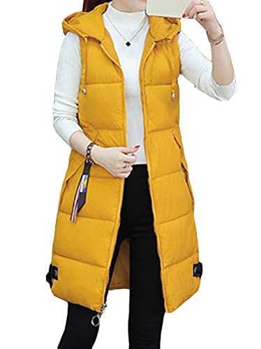 ORANDESIGNE Steppweste Damen Daunenweste Mittellange Weste Gilets Schlank Reißverschluss Stehkragen Einfarbig Kordelzug Taschen Freizeit Mantel Jacke Herbst Winter G Gelb XL von ORANDESIGNE