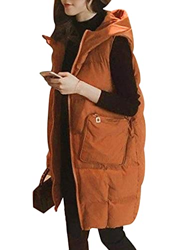 ORANDESIGNE Steppweste Damen Daunenweste Mittellange Weste Gilets Schlank Reißverschluss Stehkragen Einfarbig Kordelzug Taschen Freizeit Mantel Jacke Herbst Winter D Braun M von ORANDESIGNE