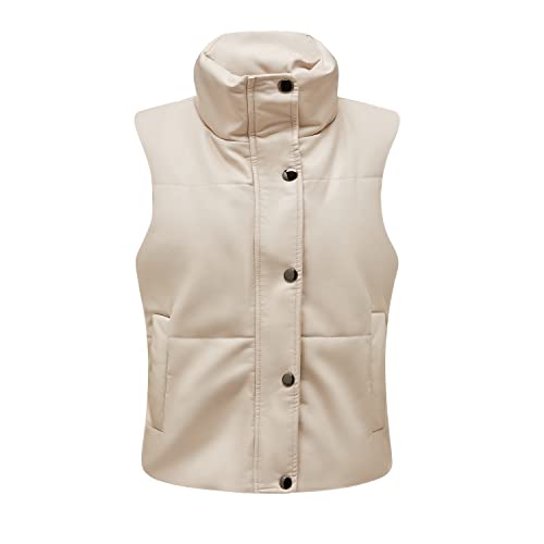 ORANDESIGNE Steppweste Kurz Damen Kurz Daunenweste Ärmellose Daunenjacke Winter Warm Daunenweste Übergang Weste Übergangsjacke PU Steppweste E Beige XS von ORANDESIGNE