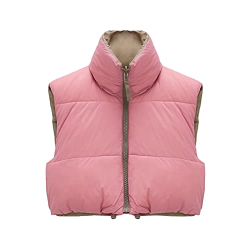 ORANDESIGNE Steppweste Kurz Damen Kurz Daunenweste Ärmellose Daunenjacke Winter Warm Doppelseitige Daunenweste Übergang Weste Übergangsjacke PU Steppweste B Rosa L von ORANDESIGNE