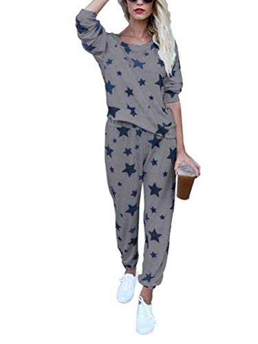 ORANDESIGNE Sterne Jumpsuit Damen Elegant Langarmshirt Damen Overall Off Shoulder Lang Pyjama Schlafanzug Lang Zweiteilige Nachtwäsche Hausanzug Grau 36 von ORANDESIGNE