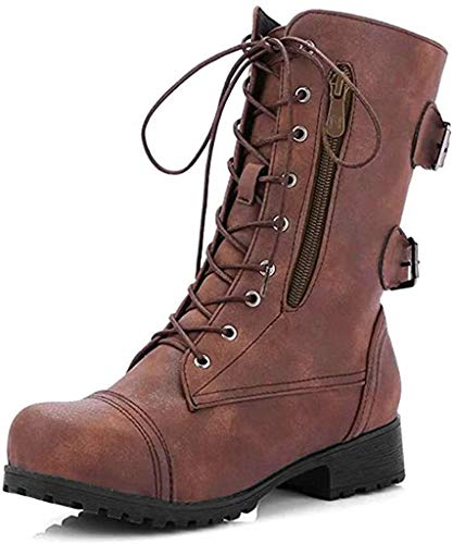 ORANDESIGNE Stiefel Damen Militärische Kampfstiefel Flache Schuhe Schnür Stiefeletten mit Reißverschluss und Karten Tasche Stiefeletten Braun 38 EU von ORANDESIGNE