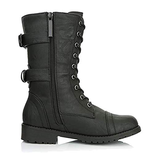 ORANDESIGNE Stiefel Damen Militärische Kampfstiefel Flache Schuhe Schnür Stiefeletten mit Reißverschluss und Karten Tasche Stiefeletten Schwarz, 40 EU von ORANDESIGNE